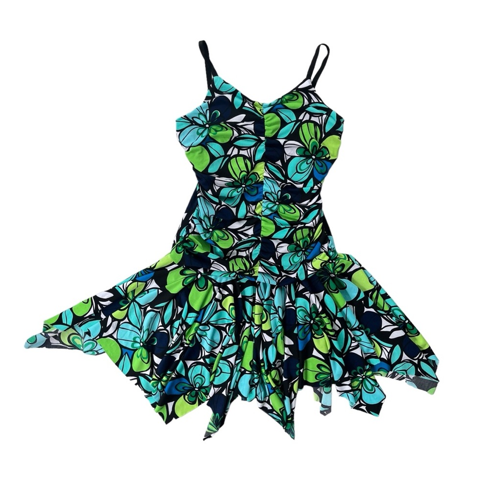 iz BYER California Girl’s Size 8 Turquoise Lime Green, Floral Handkerchief Dress
